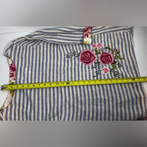 J Jill Shirt Womens Medium Petite Blue Stripes Linen Embroidery Floral Top - Picture 11 of 12